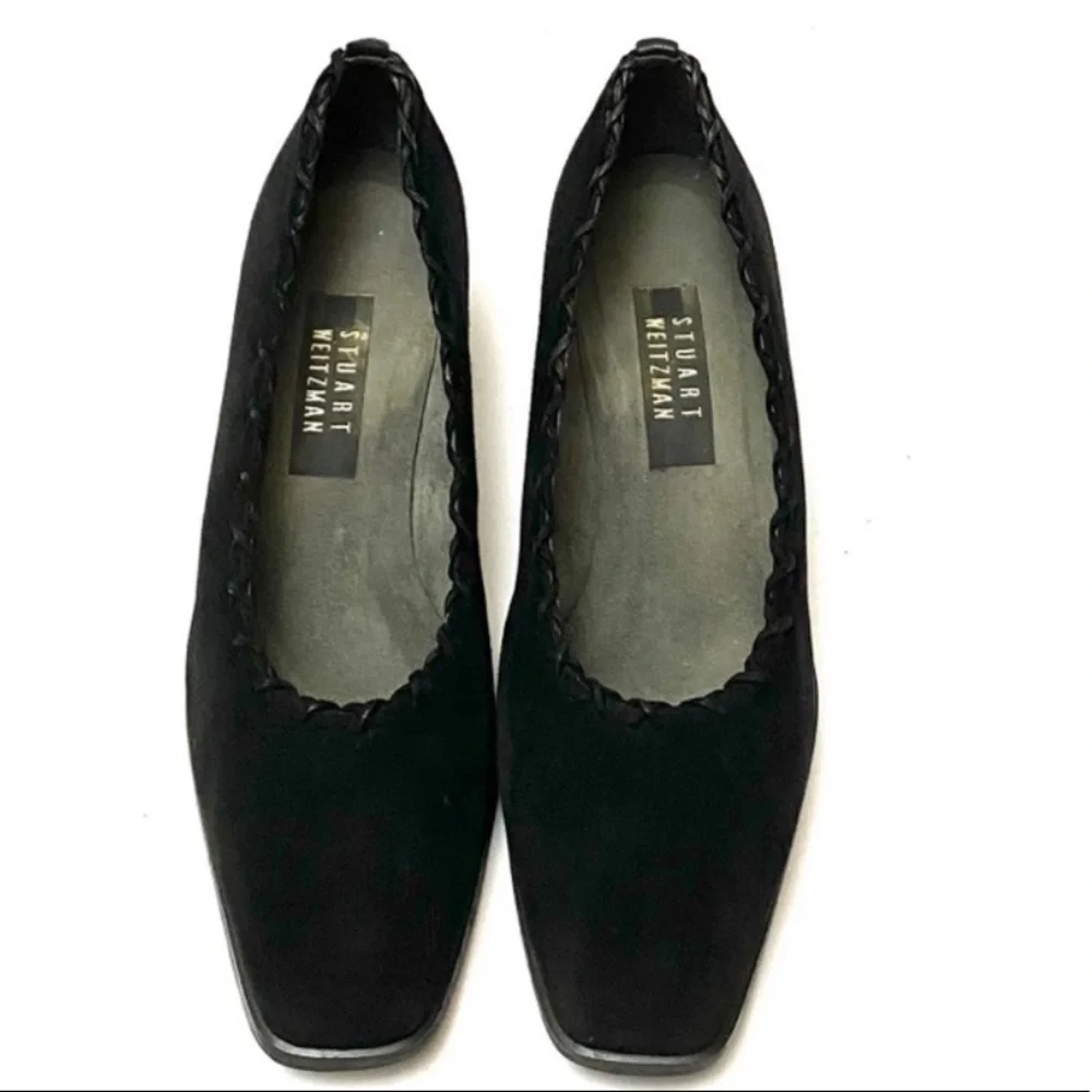 Stuart Weitzman Bixby Black Suede Cross Stitching Block Heel Shoe - Picture 3 of 8